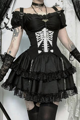 Black Ruffled Tiered Puff Sleeve Gothic Lolita Mini Dress