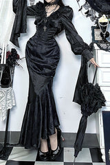 Ruffle Gothic V Neck Long Sleeve Blouse