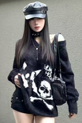 Punk Skull Relaxed-Fit Versatile Knit Sweater