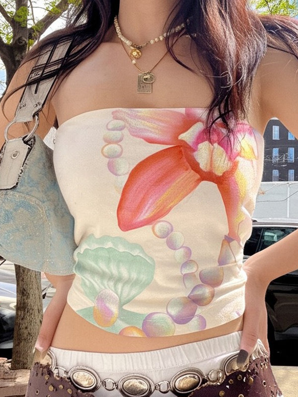 Bandeau Shell Pearl Print Slim Crop Top Secondary image