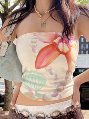 Bandeau Shell Pearl Print Slim Crop Top