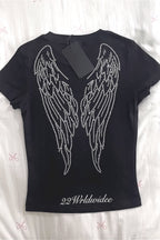 Letter Rhinestone Angel Wings Short Sleeve T-shirt