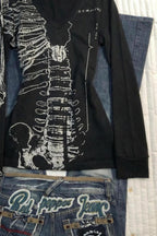 Black Skull Bone Printed V Neck Slim T-shirt