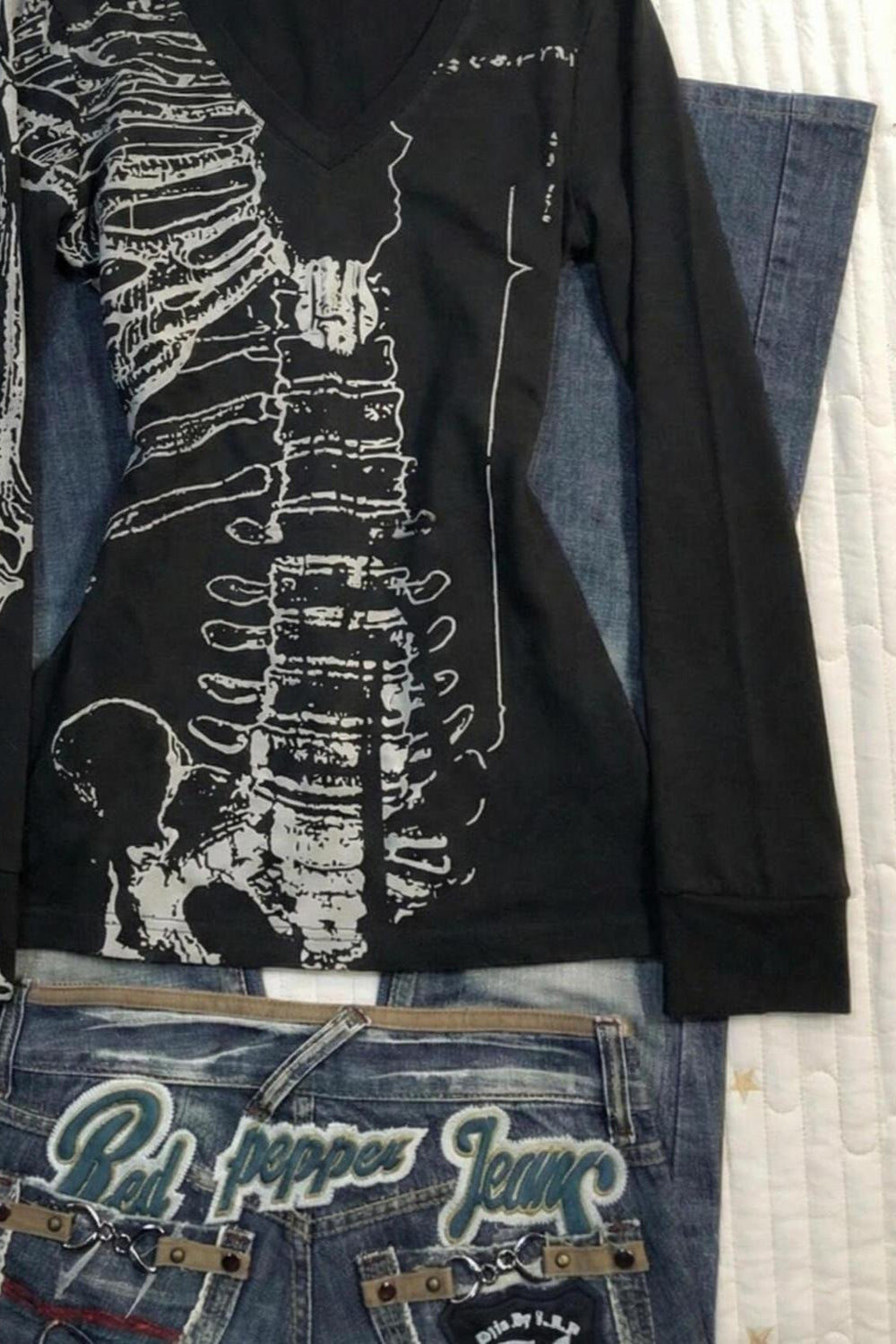 Black Skull Bone Printed V Neck Slim T-shirt