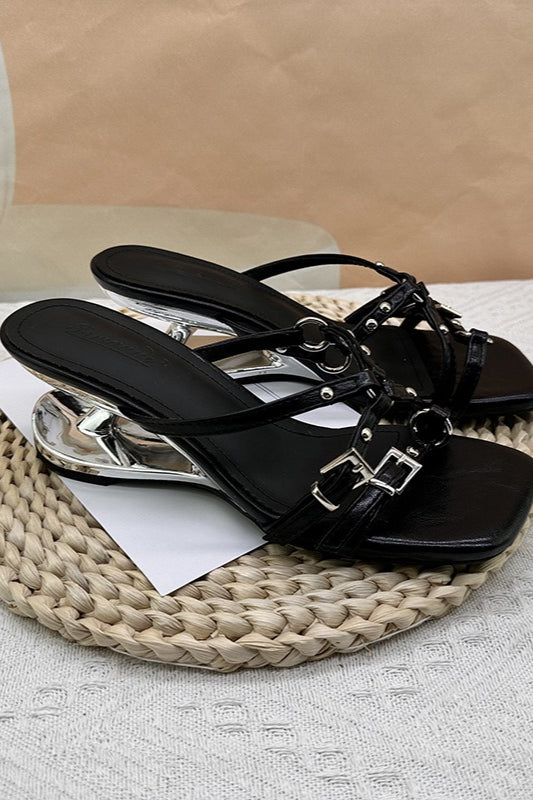 Chain-Buckle Block-Heel Mules