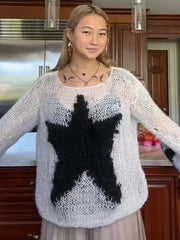 Y2K Pentagram Hollow Out Crochet Long Sleeve Sweater