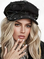 Harajuku Gothic Punk Rivets Bow Skull Lace Black Flat Top Hat