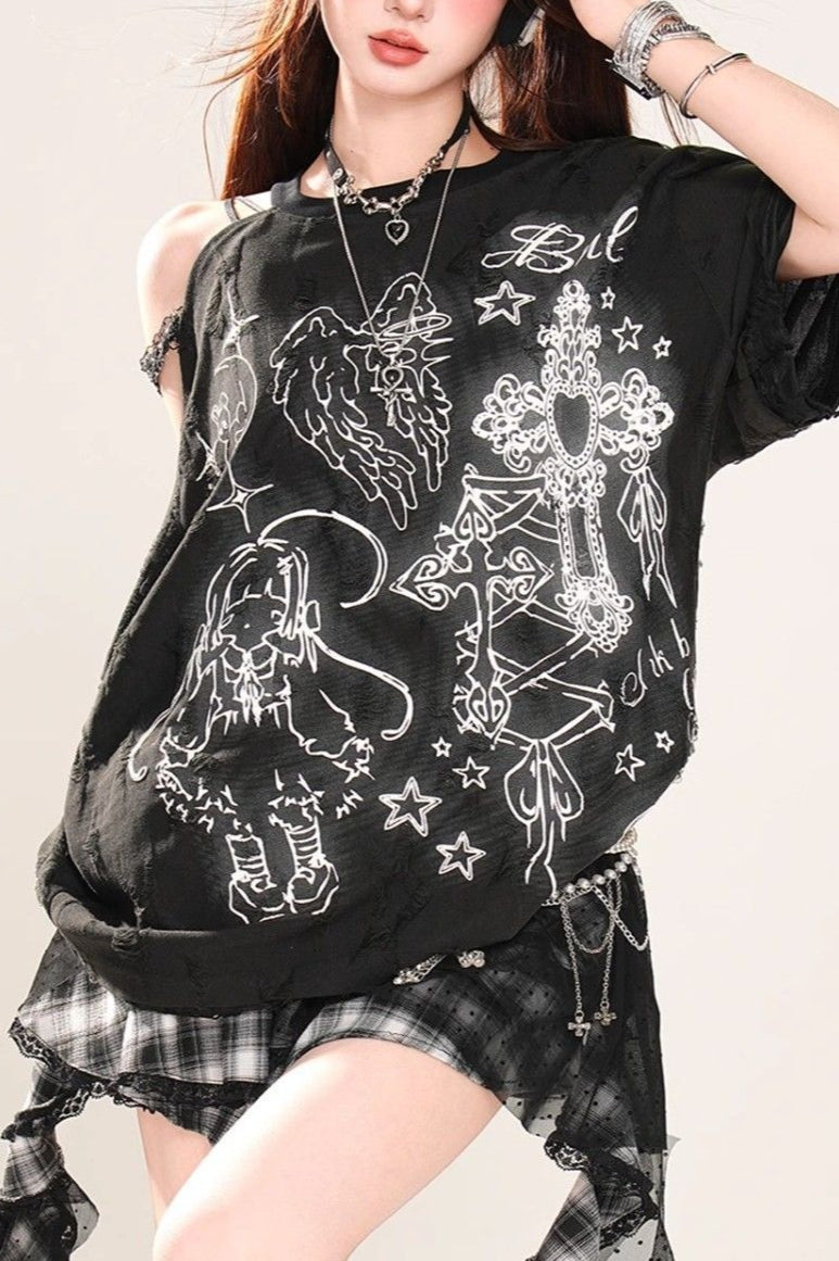 Lace Cold Shoulder Oversized T-Shirt Main image