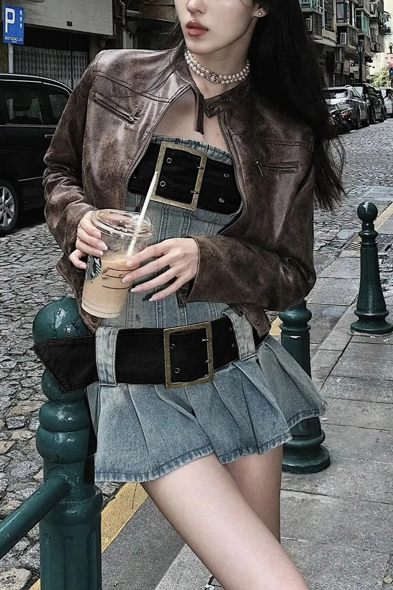 Y2K Washed Denim Pleated Strapless Mini Dress Secondary image