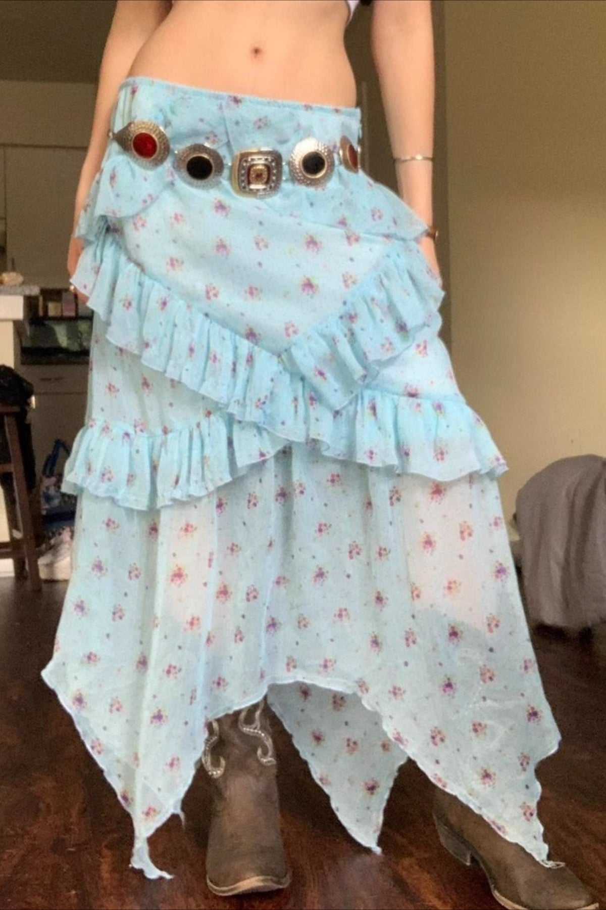 Floral Asymmetrical Mesh Midi Skirt
