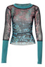 Futuristic Long Sleeve Crew Neck Print Mesh Top