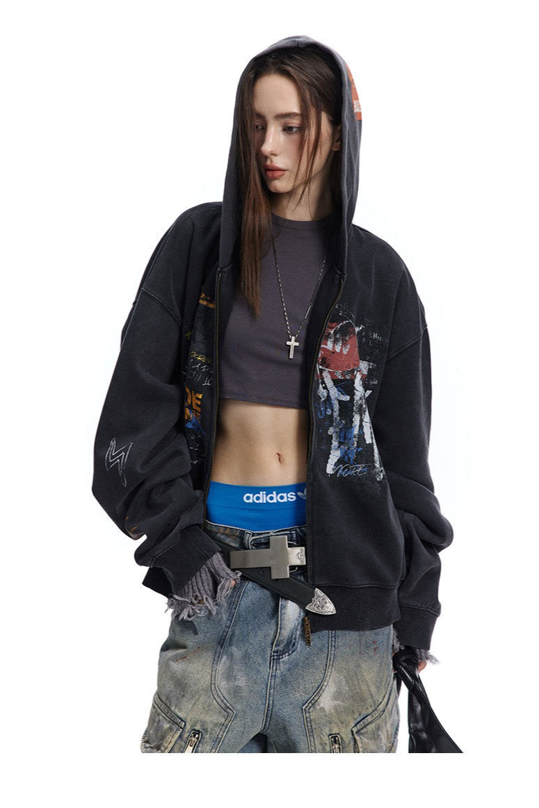 Street Style Graffiti Zip-Up Hoodie Secondary image