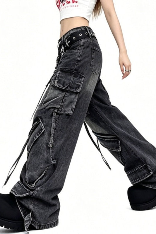 Multi-Pocket Strap Cargo Jeans Secondary image