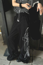 Street Letter Embroidery Black Wide Leg Pants