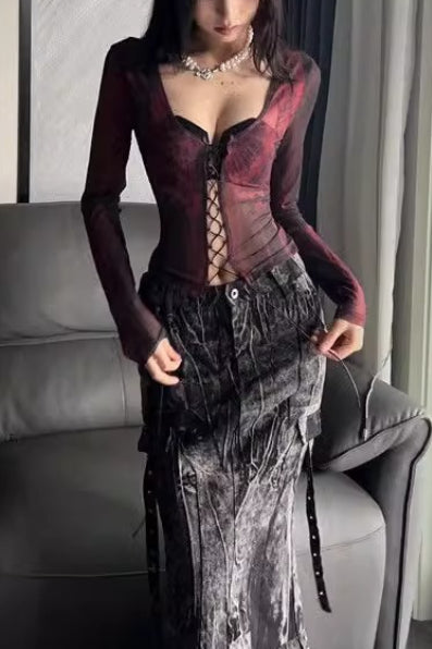 Sexy Red Y2K Lace Up Mesh Top Main image