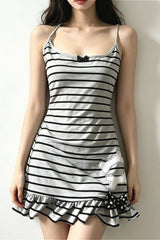 Y2K Gray Black Stripe Bone Bow Cami Mini Dress