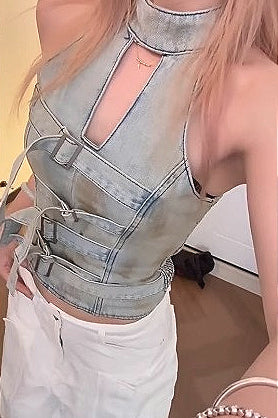 Denim Buckle Strap Halter Top