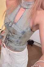 Denim Buckle Strap Halter Top