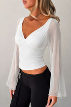 Sheer Sleeve V Neck Crop Tops