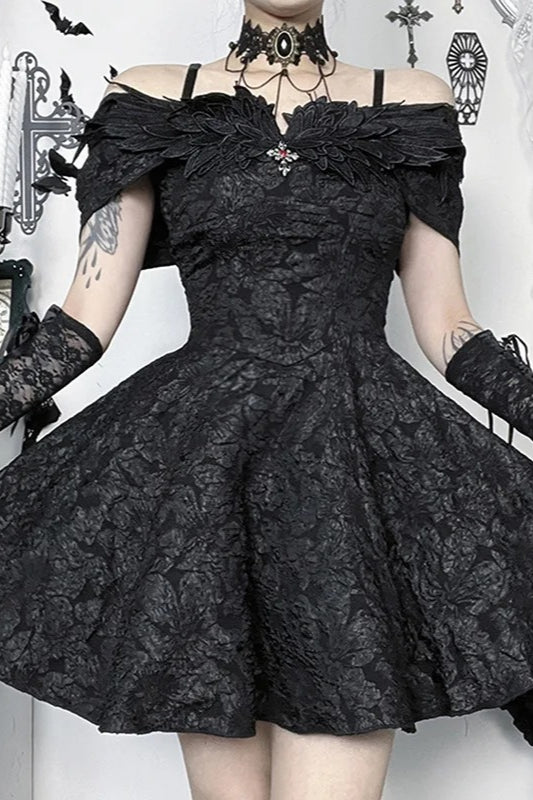 Dark Gothic Feather-decorated Off-the-shoulder Vintage A-line Mini Dress Main image