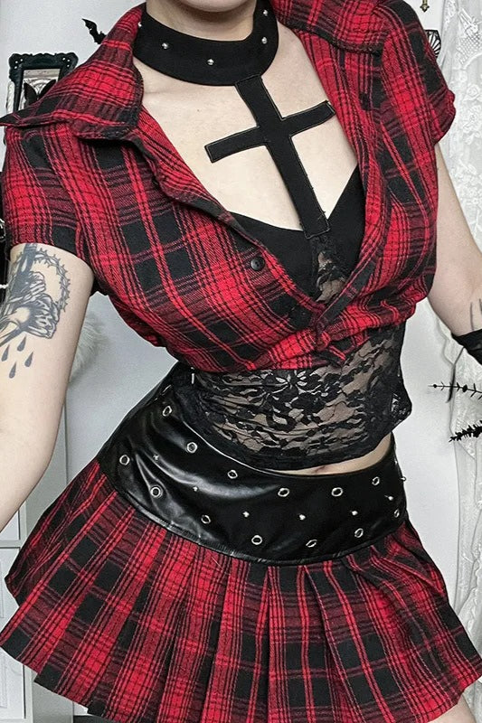 Harajuku Grunge Red Plaid Short Sleeve Crop T-shirt Main image