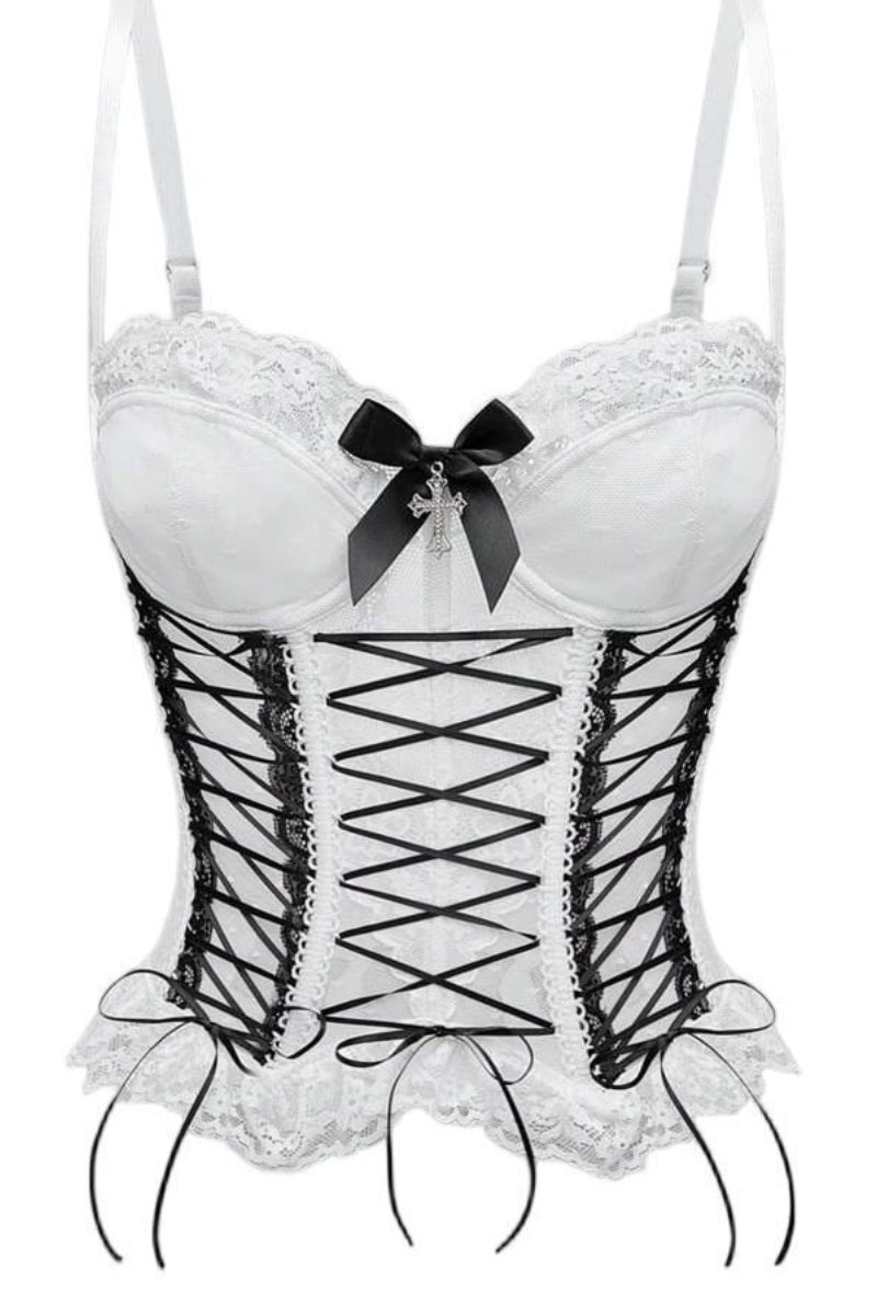 Cross Front Bow Lace Boned Corset