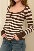 Striped Scoop Neck Button Sweaters