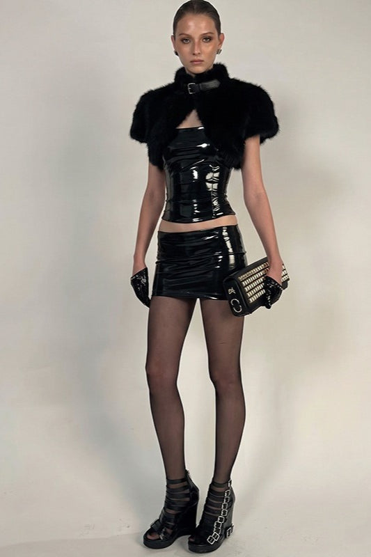 Glossy Strapless Fluffy Cape Skirt Sets