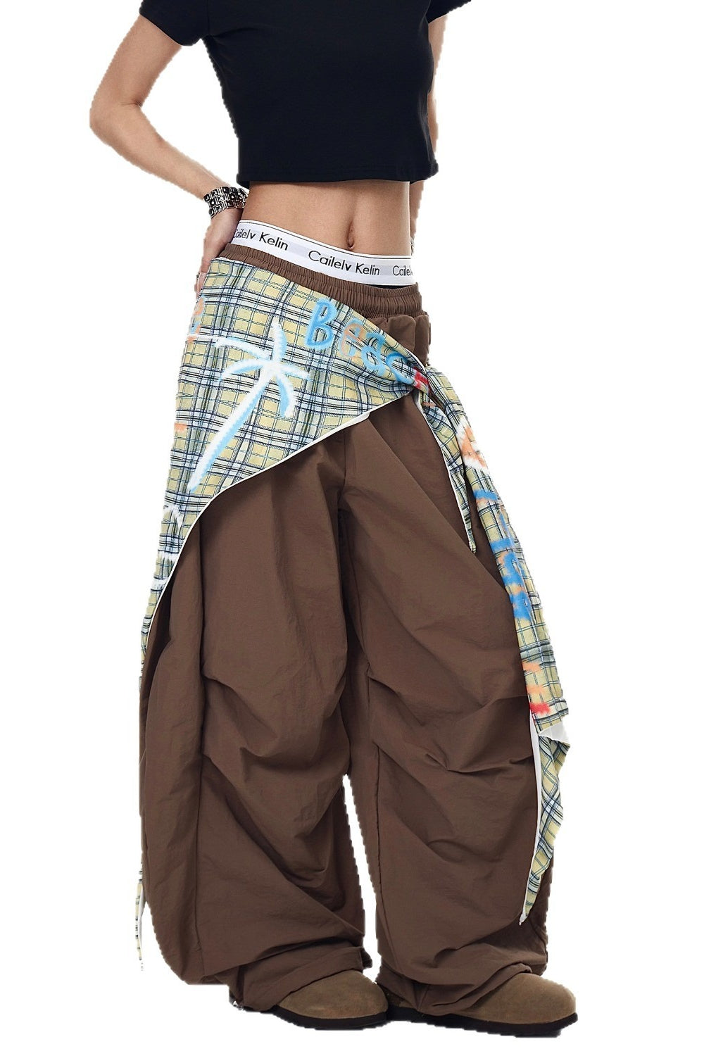 Plaid Wrap Panel Cargo Pants