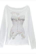 Sweet Hot Corset Printed Casual Long Sleeve T-shirt