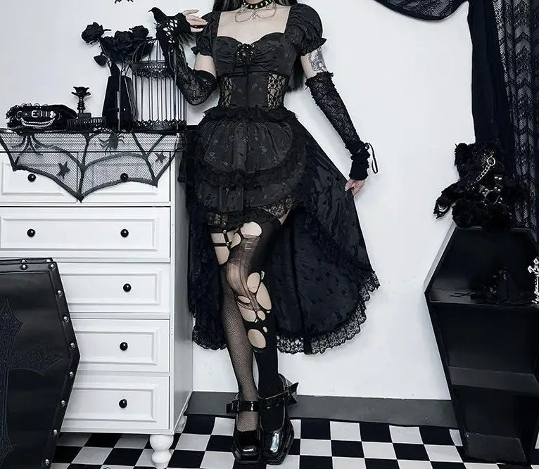 Asymmetric Pleated Lace Black Midi Dress Main image