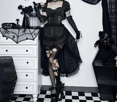 Asymmetric Pleated Lace Black Midi Dress