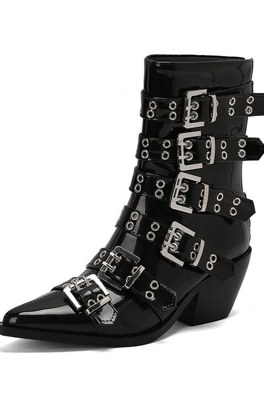Pointed Buckle Western Ankle Boots
