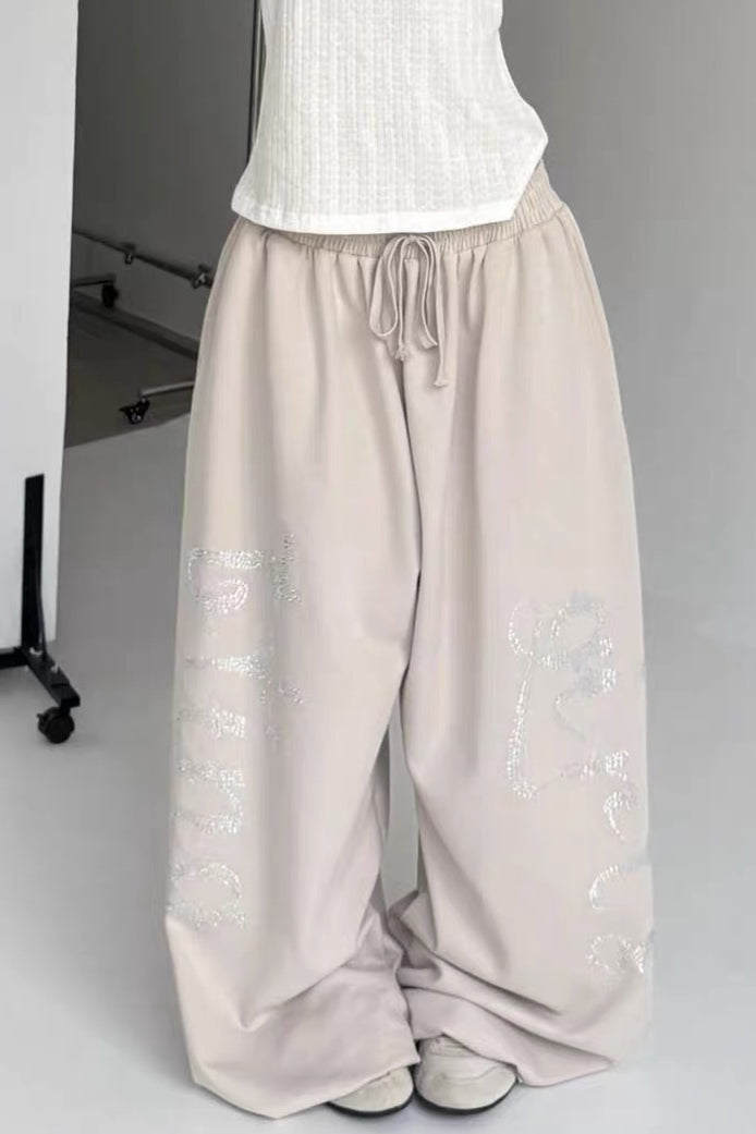 Ornate Script Drawstring Wide Pants