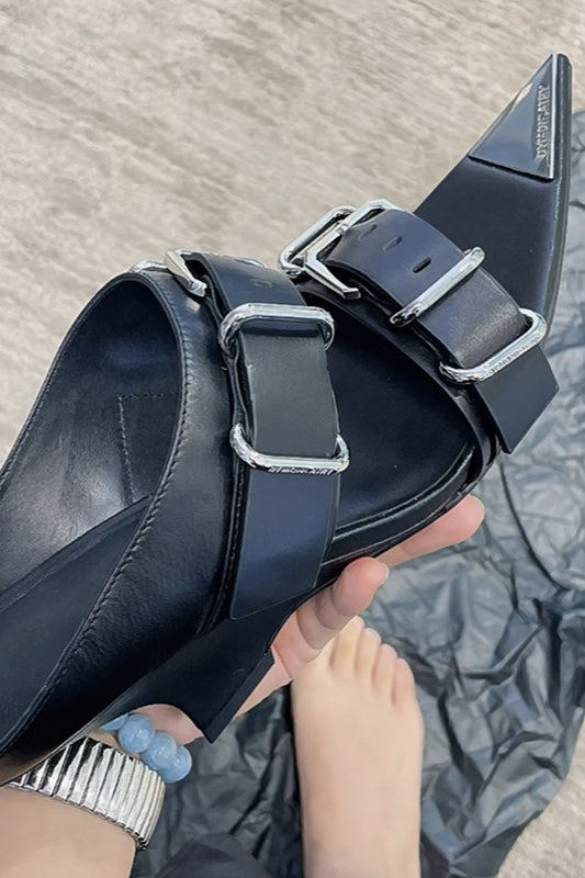 Pointed Multi-Buckle Wedge Mules
