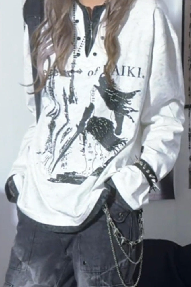 Grunge Y2K Henley Layered White Printed T-shirt Secondary image