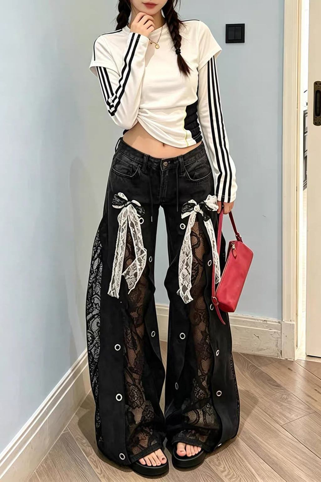 Lace Bow Wide Leg Jeans