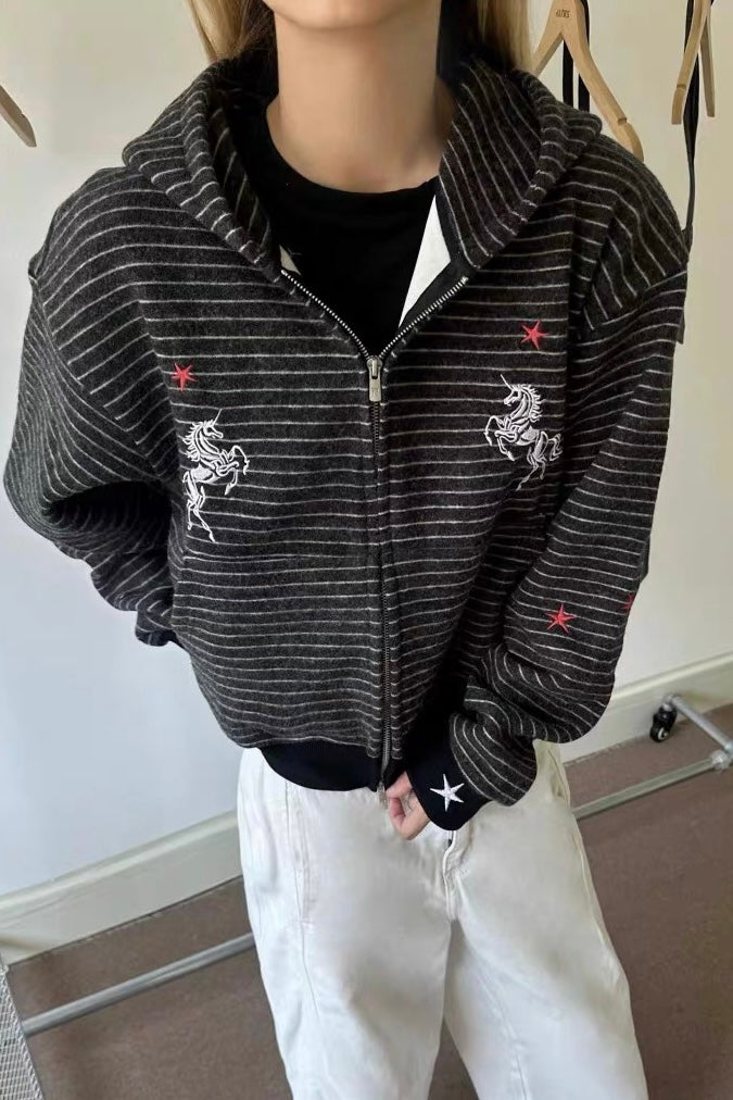 Horse Motif Star Striped Hoodies