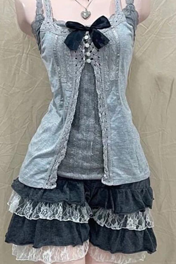 Layered Cami Blouse And Mini Skirt Three-Piece Set