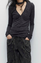 Gothic Cross Print V-Neck Long Sleeve T-shirt