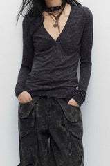 Gothic Cross Print V-Neck Long Sleeve T-shirt