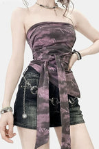 Y2K Purple Tie Dye Irregular Waist Tie Crop Bandeau Cami Top