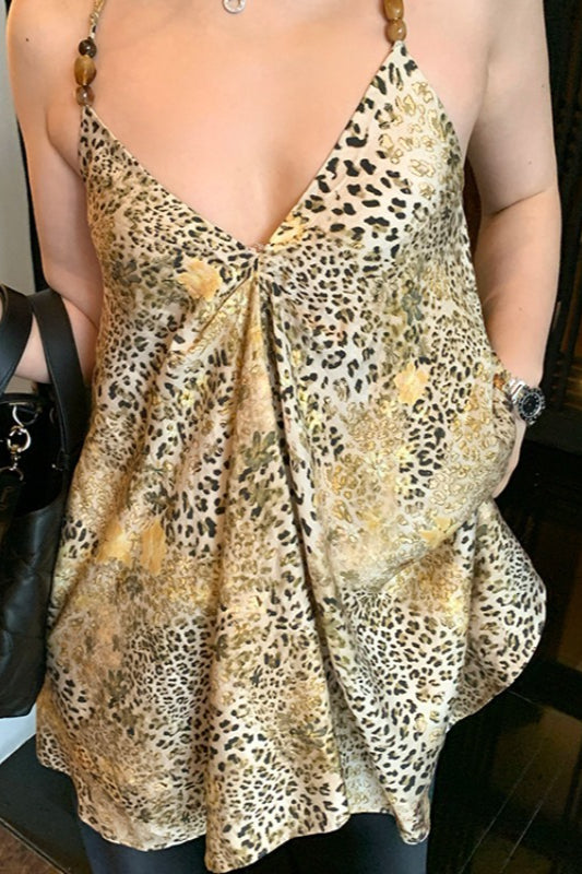 Leopard Print Beaded Irregular V-neck Chiffon Cami Top Secondary image