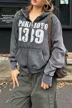 Washed Number Graphic Zip Hoodies