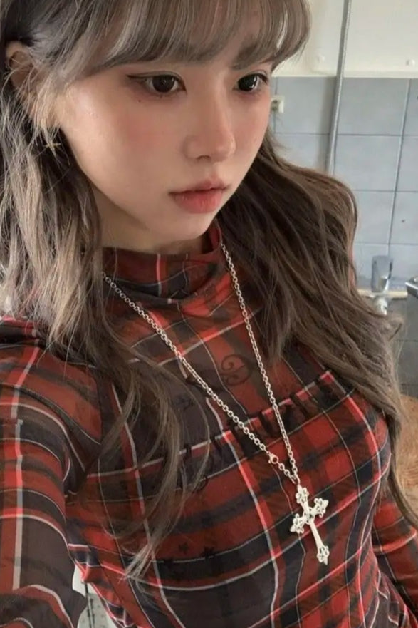 Plaid Mesh Slim Long-sleeve Y2k Knit Top Secondary image