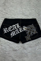 Rhinestone Cross Print Low-Rise Hot Pants