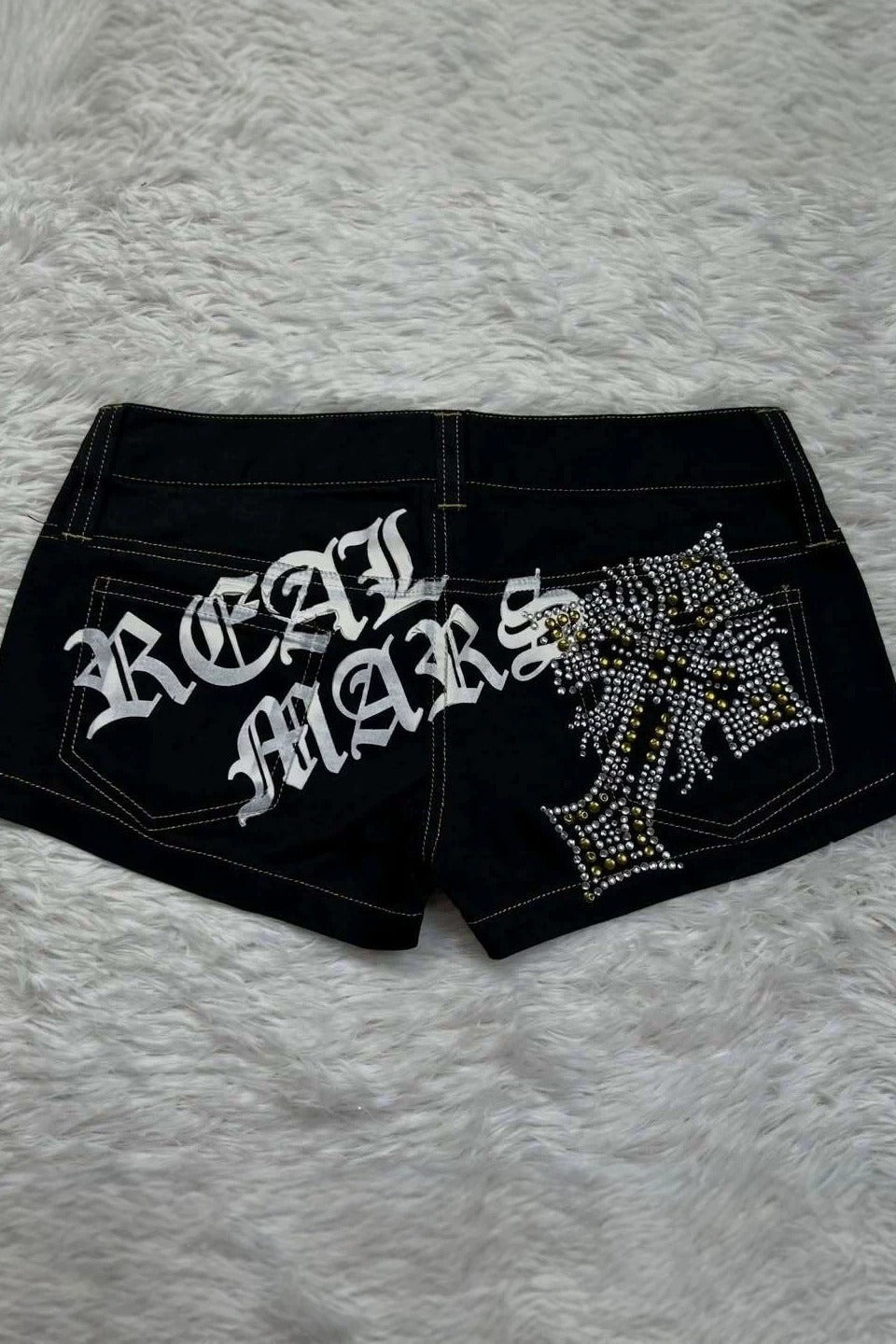 Rhinestone Cross Print Low-Rise Hot Pants