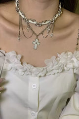 Vintage Leather Gem Cross Necklace