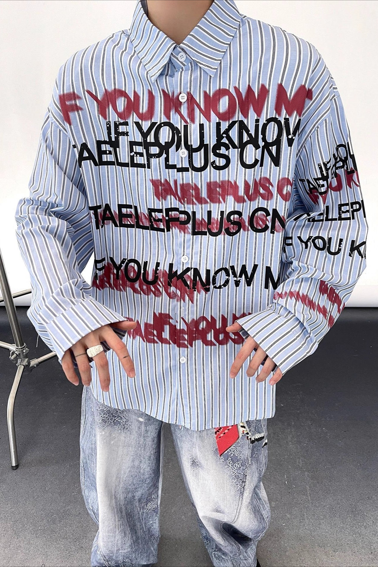 Stripe Punk Slogan Print Relaxed Fit Long Sleeve Blouse Main image