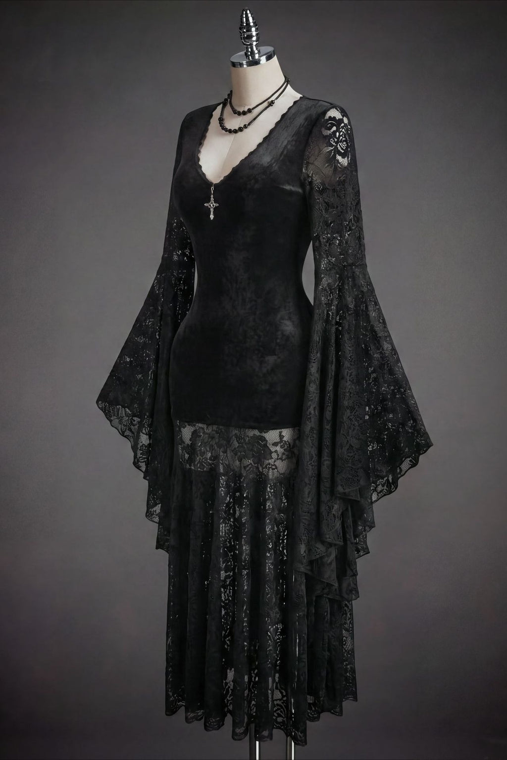 Lace Sleeve Velvet Effect Maxi Dress